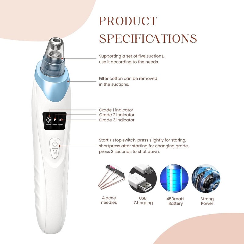 Gackoko 2025 Blackhead Remover Pore Vacuum,Facial Pore Cleaner-5 Suction Power,5 Probes,USB Rechargeable Blackhead Vacuum Kit Electric Acne Extractor Tool for Adult - Image 4